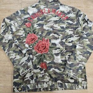 Emory Park Troublemaker Camo Denim Jacket M Distressed Rose Embroidered